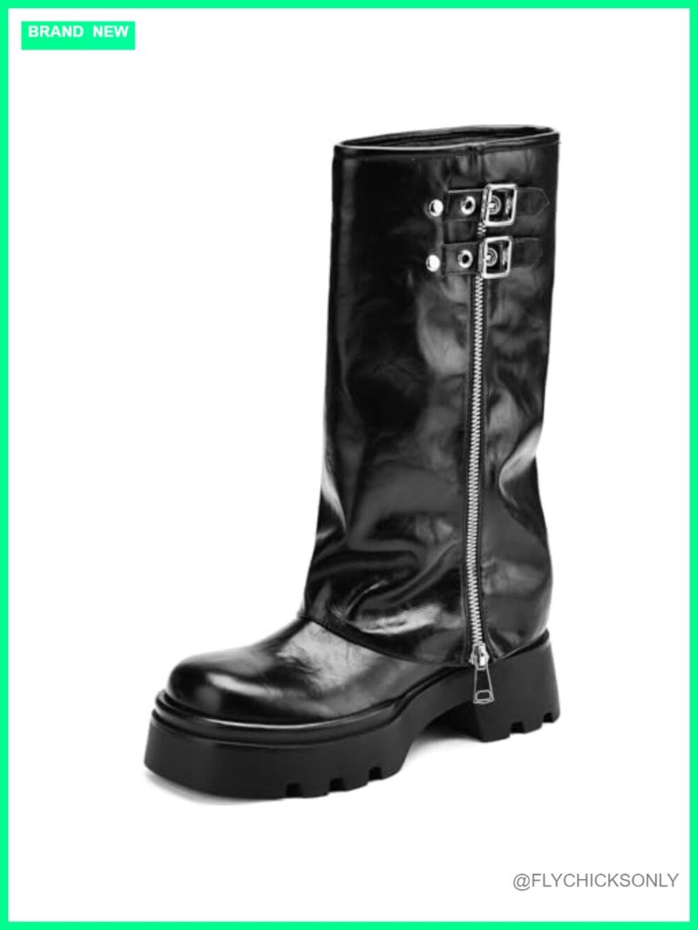Women's Knee High Moto Riding Boots Fold Over Block Heel Platform